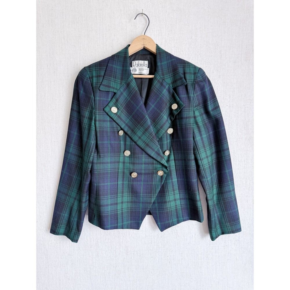 Rafaella Vintage Wool Black Watch Plaid Double Breasted Blazer Gold Button 6‎